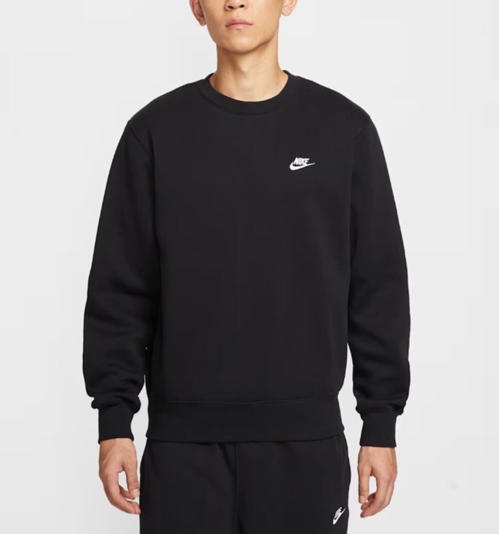 NIKE Club Fleece Crew Neck Sweatshirt Relaxed Fit Pullover Black White Mens XL